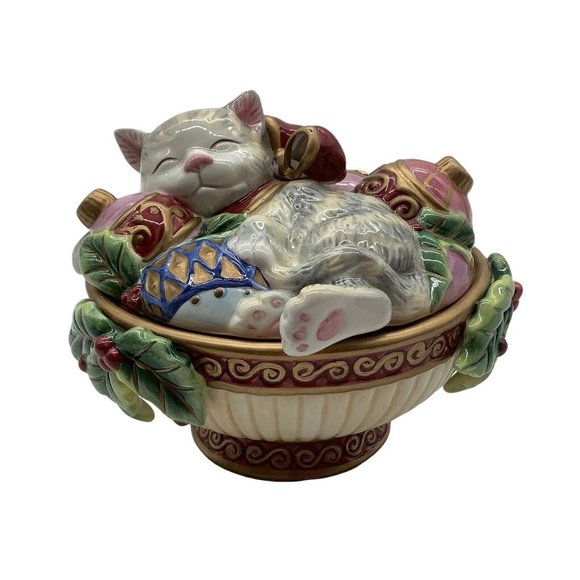 Fitz and Floyd Cat with Ornaments Candy Dish - Picture 1 of 11